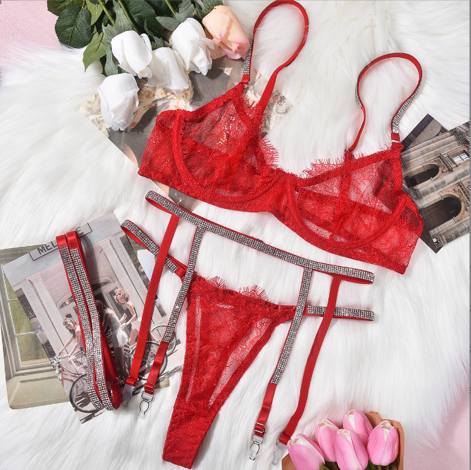 Sexy Sheer Three-piece Eyelash Lace Lingerie Set with garter straps