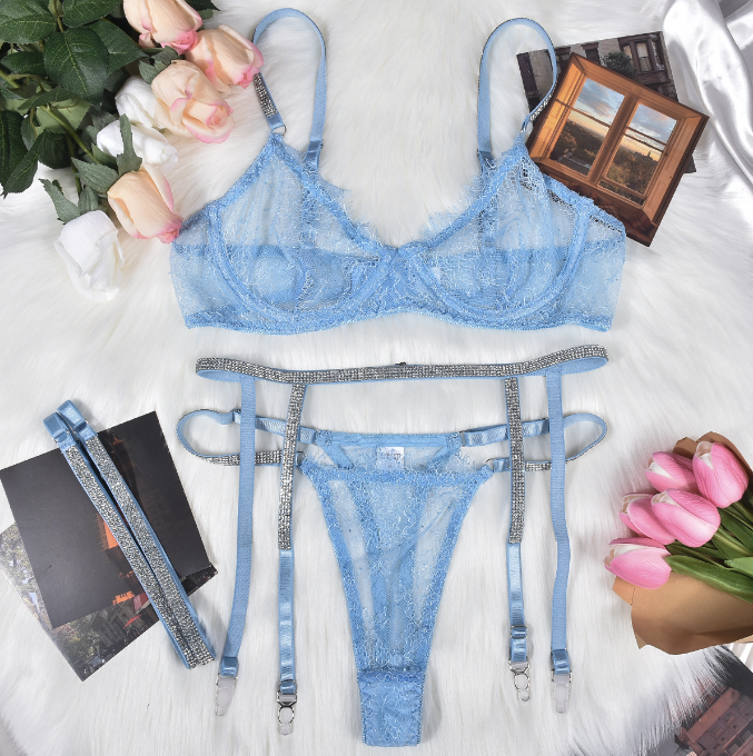 Sexy Sheer Three-piece Eyelash Lace Lingerie Set with garter straps